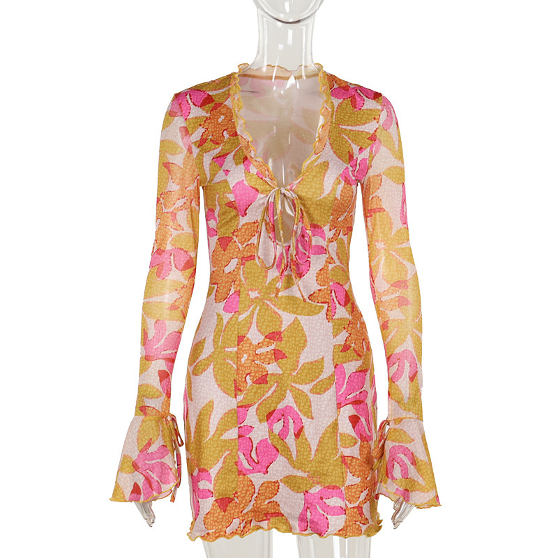 Ladies Tailored V-Neck Full-Length Sleeve Patterned Polyester Dress