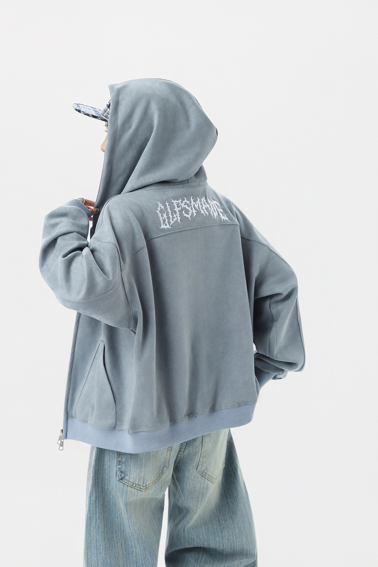 Retro Color-Block Letter Print Hooded Zip-Up Sweater
