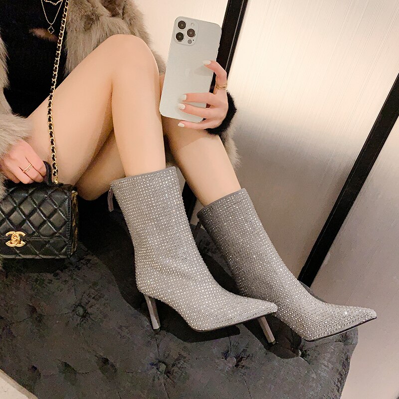 Women's Rhinestone High Heel Booties Fall New Pointed Toe Mid Boots 8.5cm High Heel Black Rhinestone Side Zipper Boots Size 39