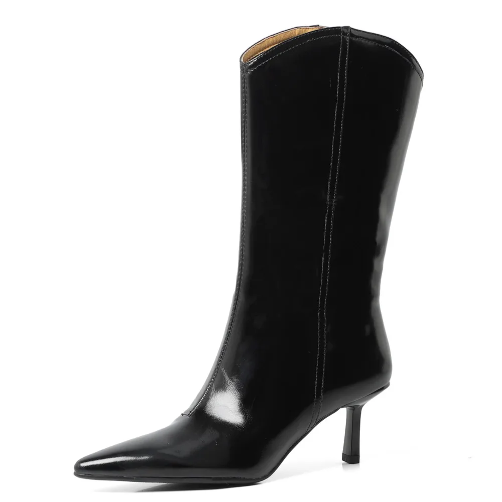 Fashion Western Women Mid-Calf Boots Pointed Toe Thin High Heels Office Lady Shoes Woman Genuine Leather Autumn Winter
