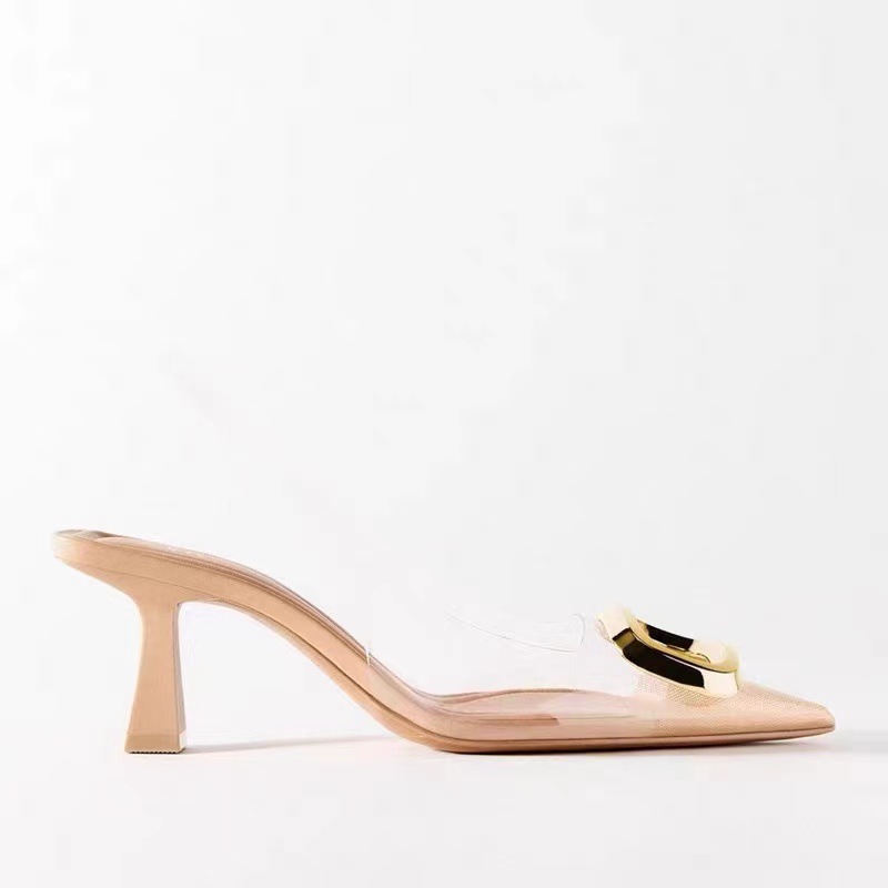 Pointed toe PVC transparent rubber sandals, metal square buckle, stiletto heel, trip strap, sexy women's shoes