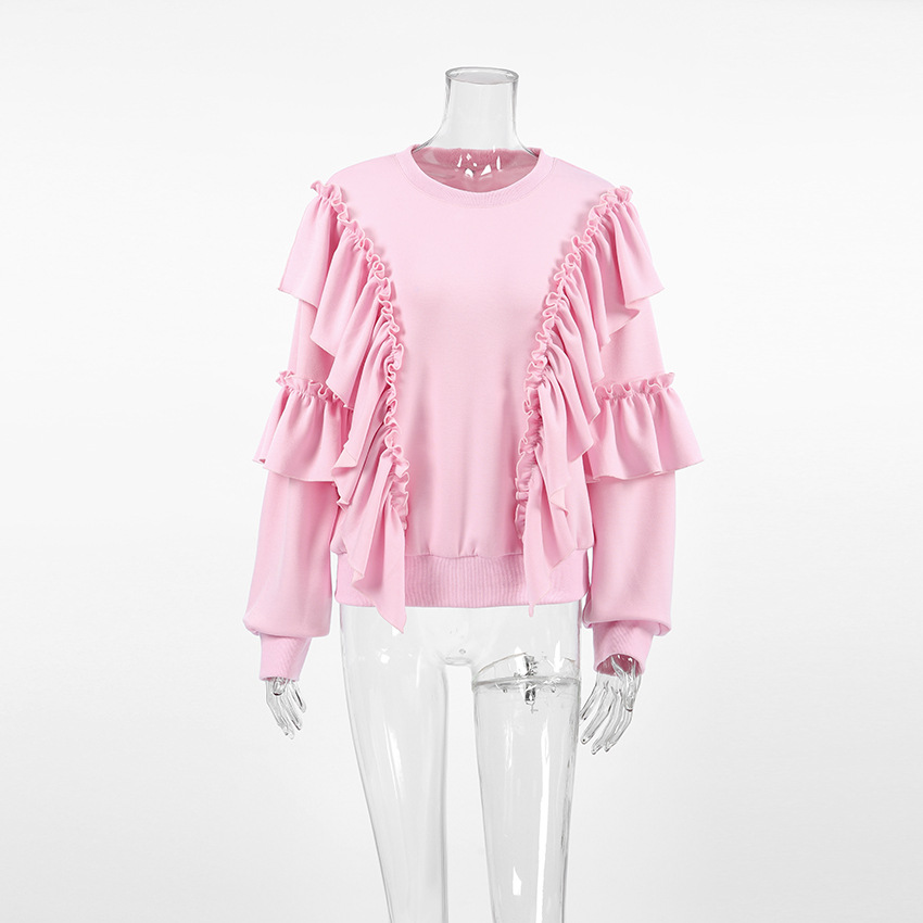Commuter Relaxed Fit Cotton Crewneck Long-Sleeve Frill-Trimmed Top