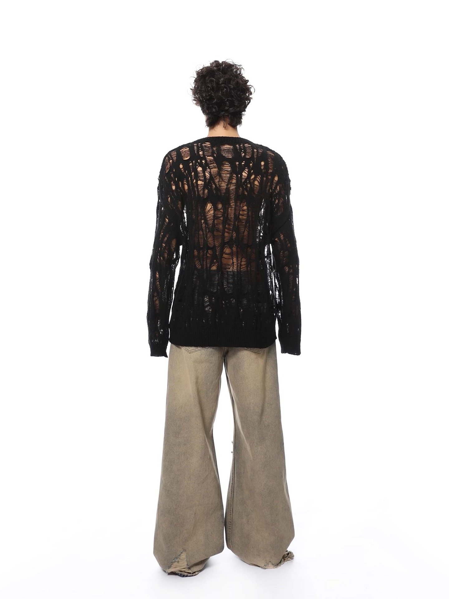 Polyester Open Mesh Crew Neck Sweater