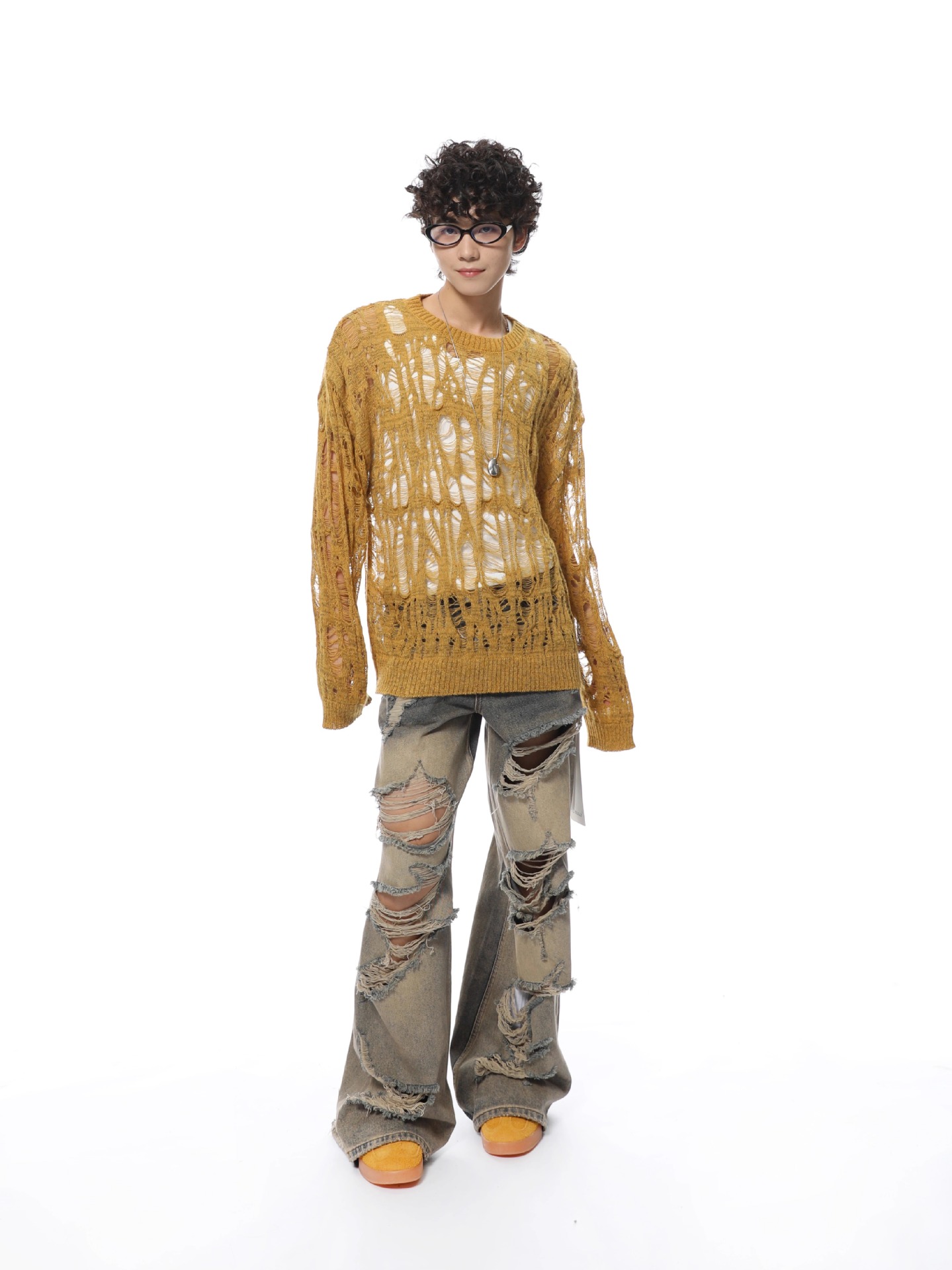 Polyester Open Mesh Crew Neck Sweater