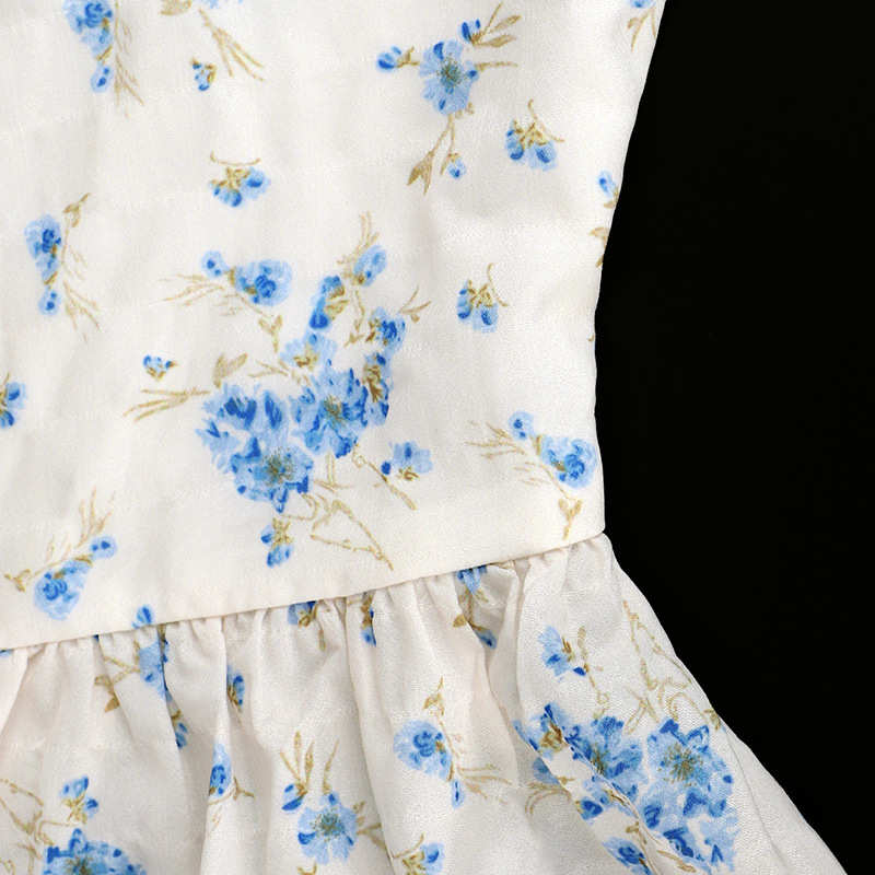 U Neck Puff Tie Waist Frilled Midi Dress