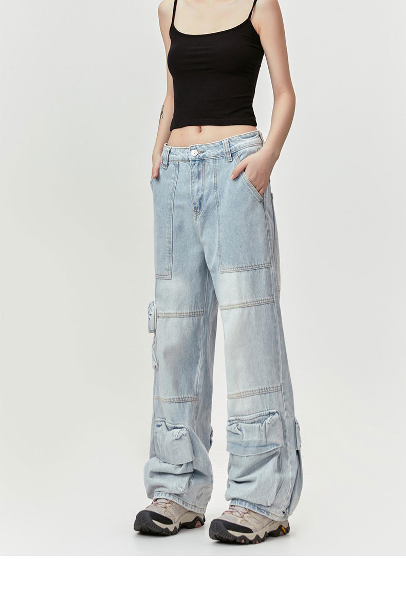 Washed Leg White Faded Multi-Pocket Straight Tapered Jeans Long Pants