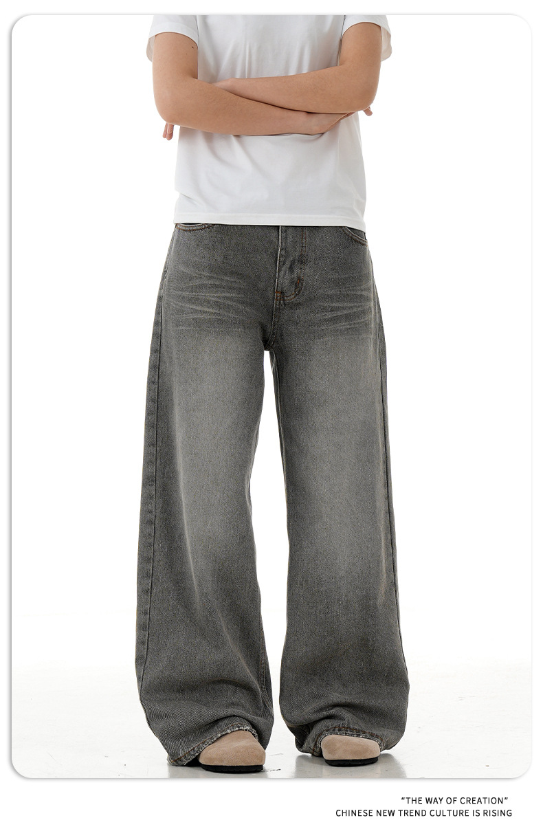 Grey Denim Pants for Men and Women Vintage Straight Leg Loose Casual Long Pants