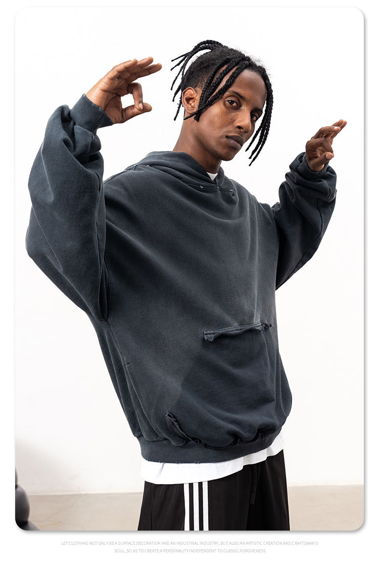 Streetwear Heavy Cotton Aged Torn Hoodie