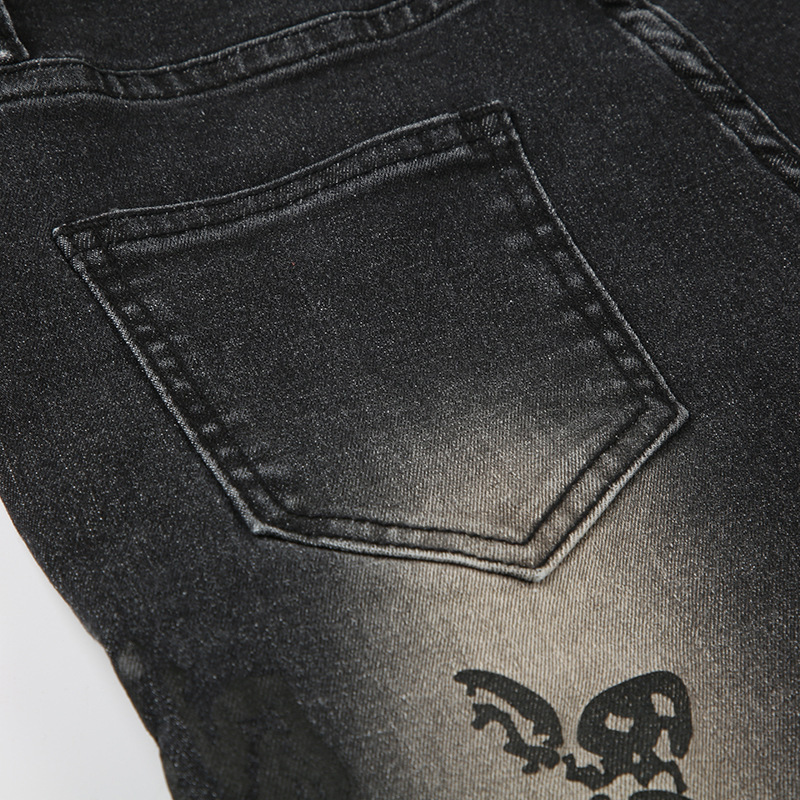 Retro plant print washed water slim fit and slimming flared jeans