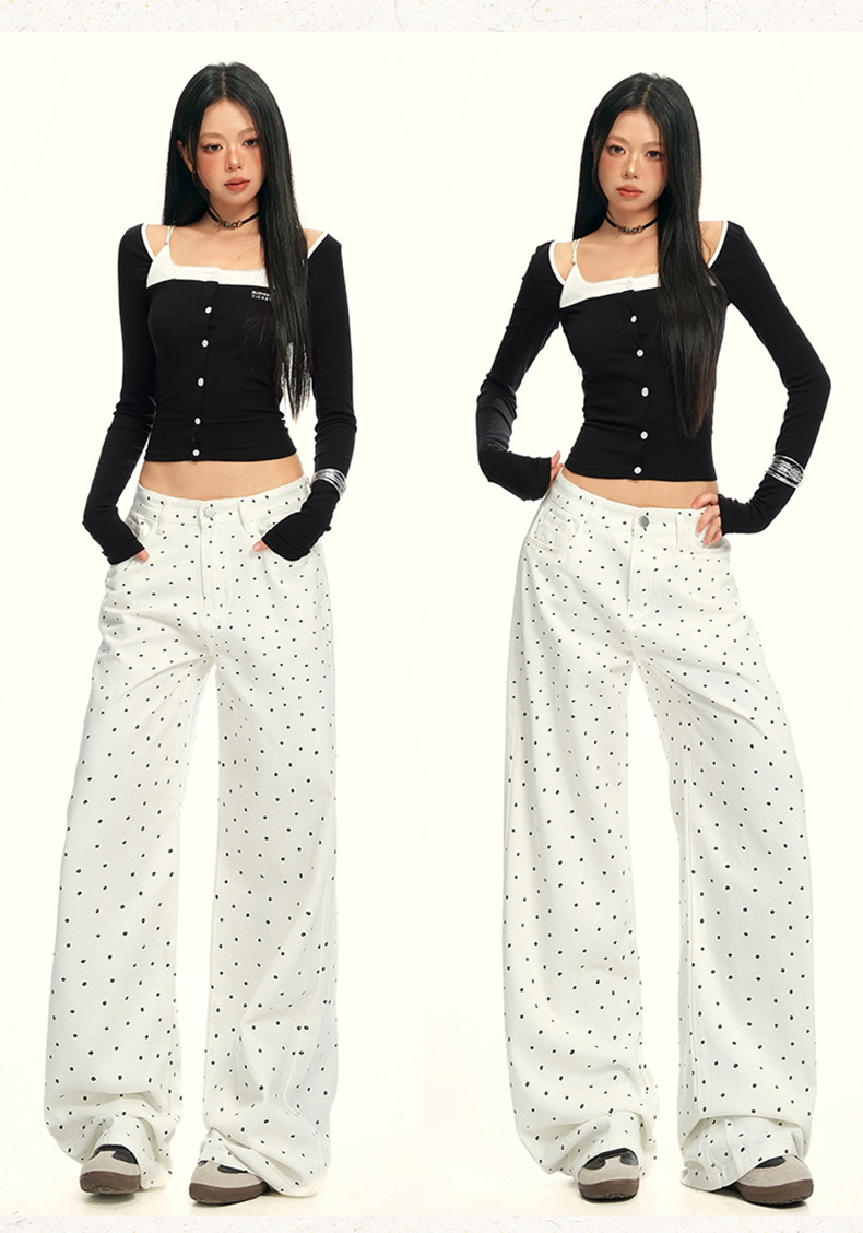 Women's Black and White Polka Dot Slimming Loose Straight Jeans High Waist Wide Leg Pants