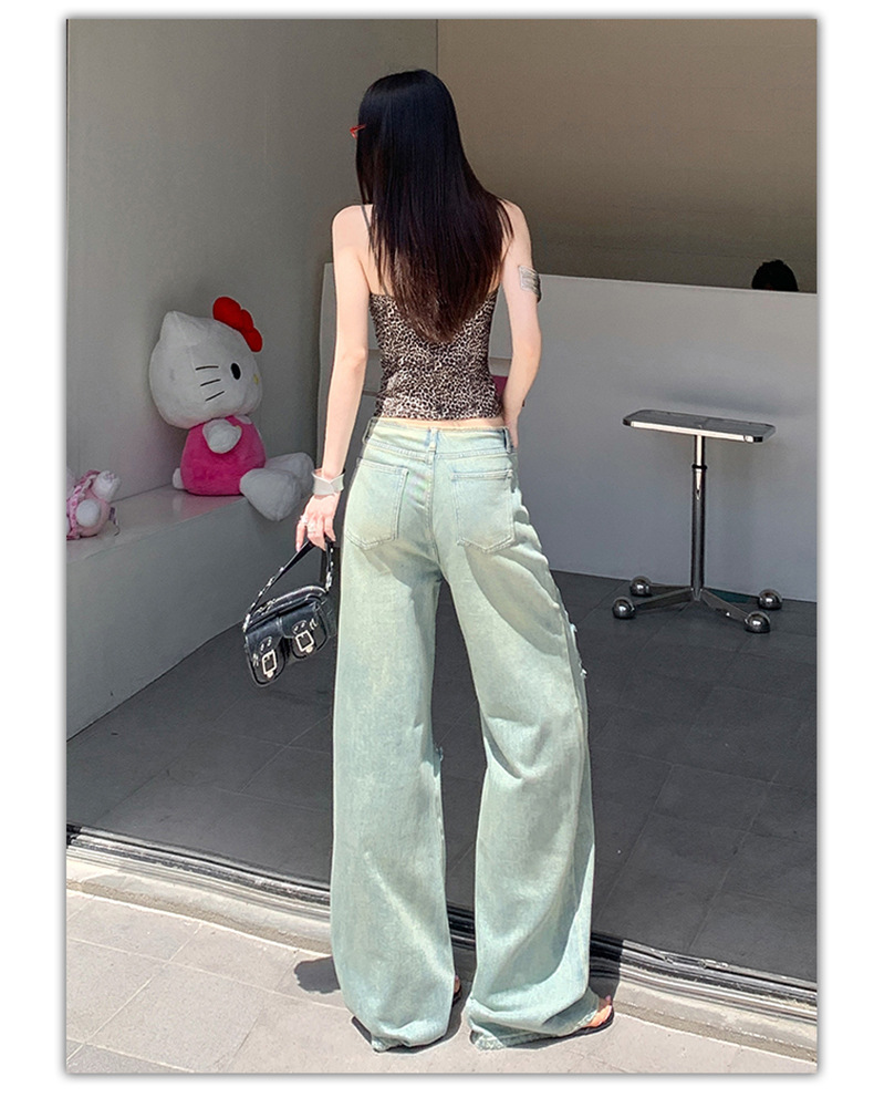 Women's Thin Straight Hole Jeans High Waist Slim Narrow Leg Wide Leg Pants