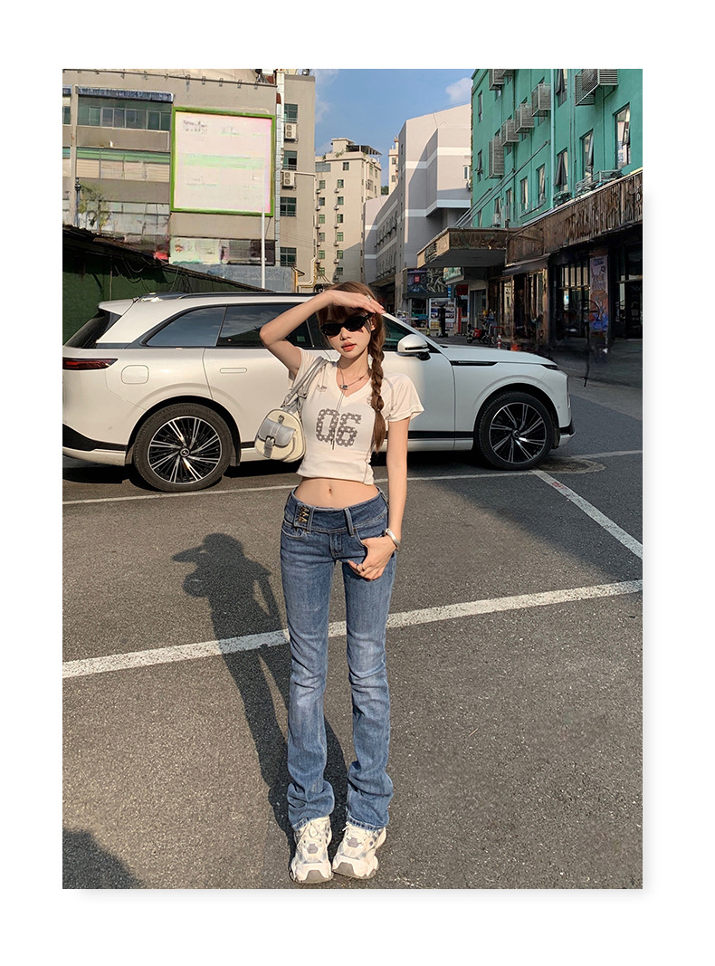 Women's Low Waist Flared Jeans Slim Fit Elastic Straight Leg Horseshoe Pants