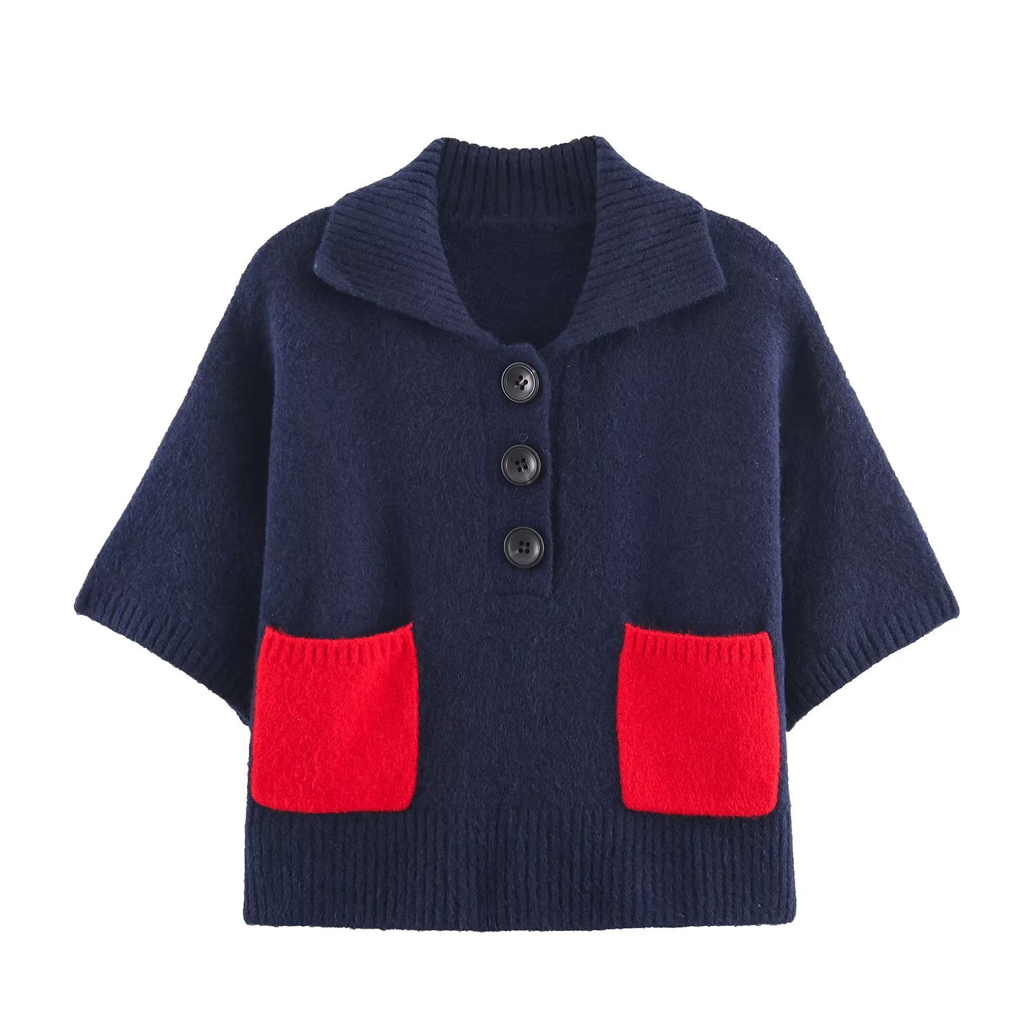 Convertible Neck Elbow-Length Color-Block Patch Sweater