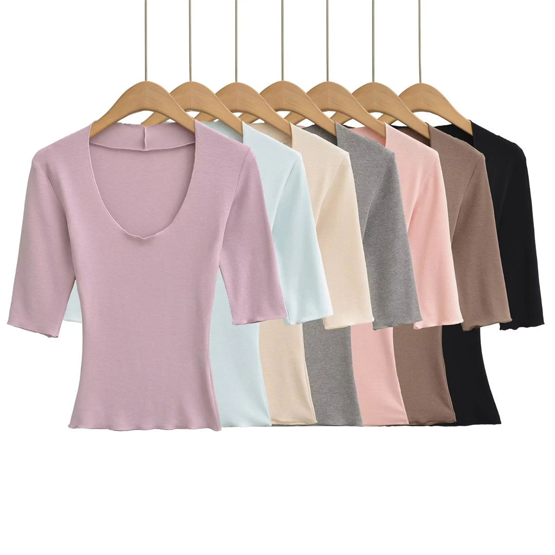Elbow-Length Scoop Form-Fitting Spice Cropped Tee