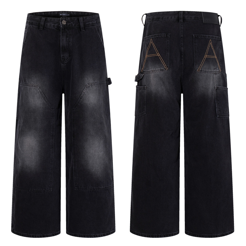 Loose Washed Multi-Pocket Straight Leg Wide Leg Jeans Unisex Loose Versatile Drapey Long Pants