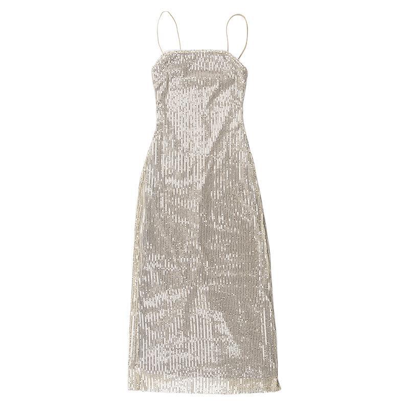 Square Neck Sleeveless Knit Fitted Embellished Dress