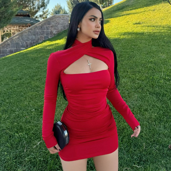 Cross hanging neck hollowed out backless long sleeved short dress
