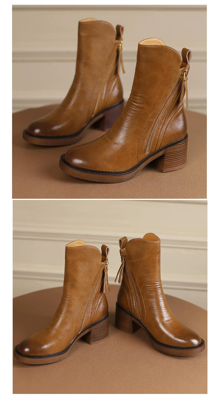 Round headed double zipper thick heel sponge bottom brown retro Martin boots for women