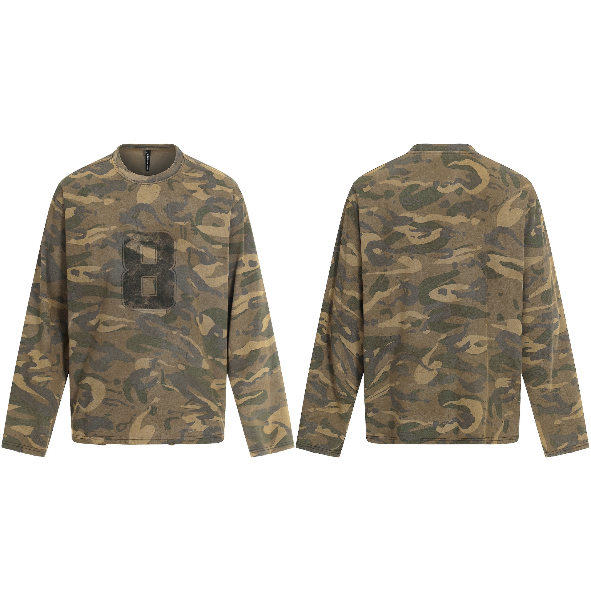 Washed Distressed Small Collar Printed Camouflage Loose Long Sleeve T-Shirt