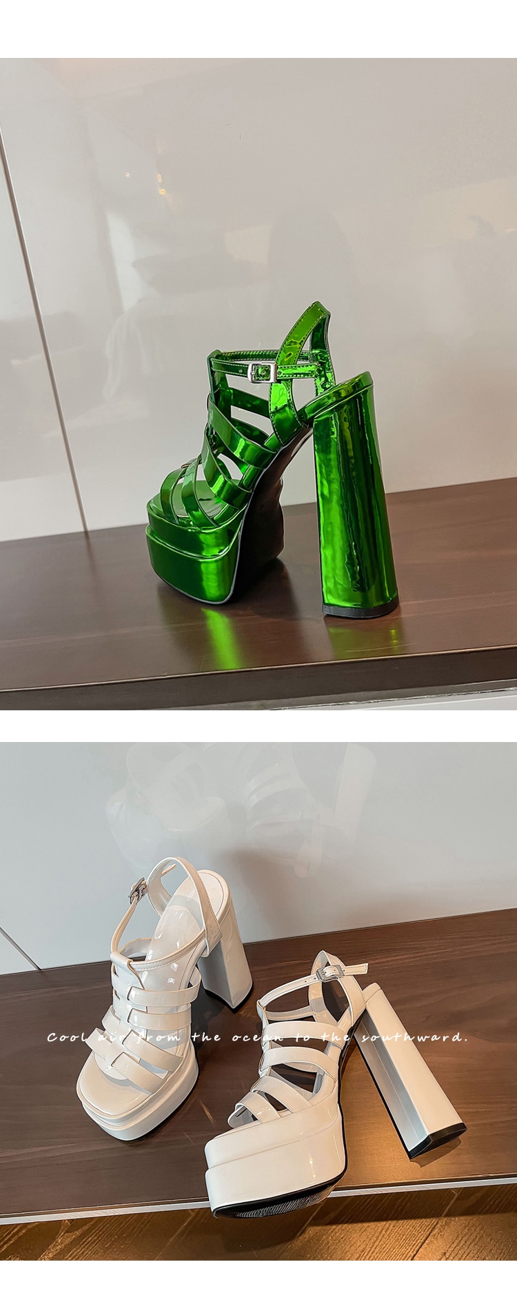 Summer New Style Square Head Open Toe Woven Raised Thick Heel Patent Leather Large Size Sandals For Women