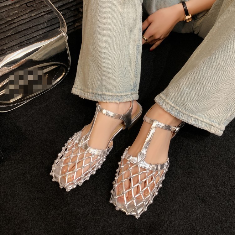 Cowhide foreskin hollowed out T-shaped strap flat sandals Mary Jane shoes