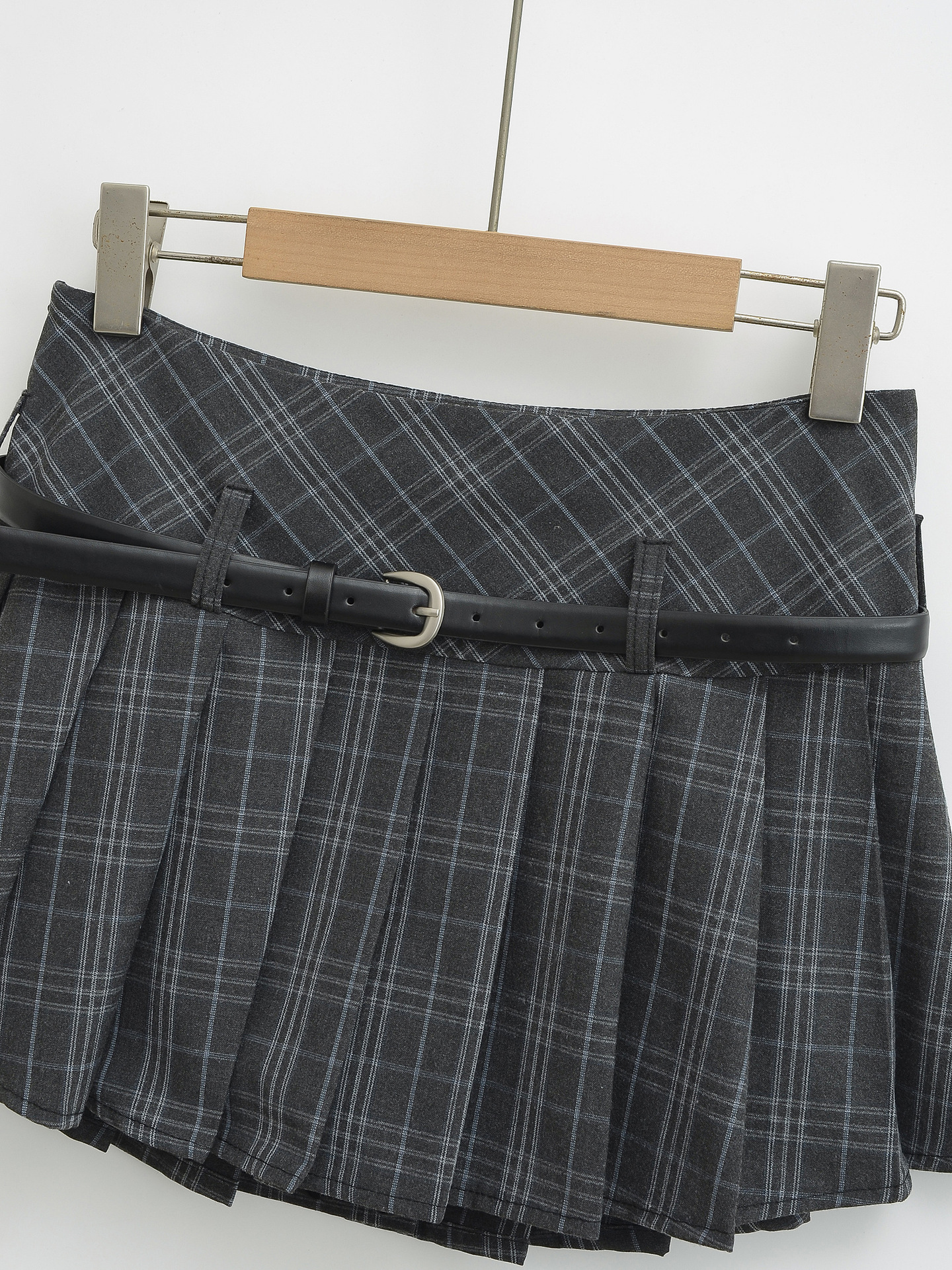 High Waist Slimming Small Plaid Belt Pleated Skirt Short Skirt