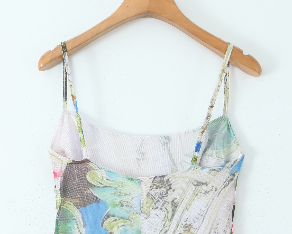 Elastic Mesh Body-Shaping Printed Floor-Length Strapless Dress