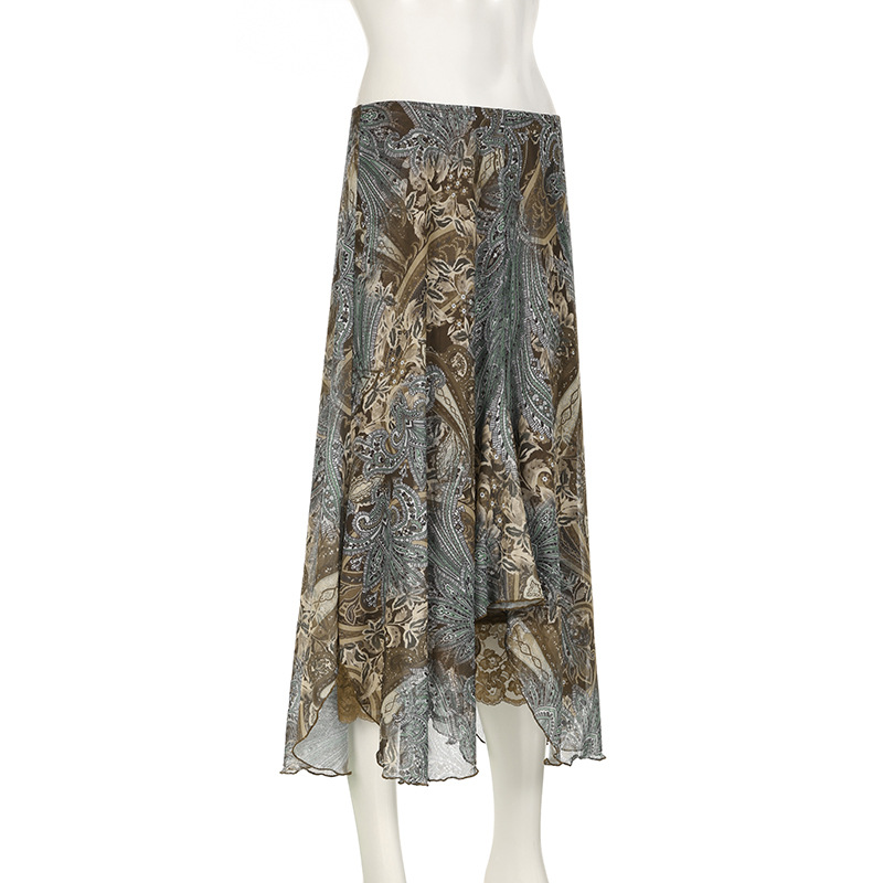 Retro Ink Green Gradient Lace Splicing Printed Skirt Irregular Knitted Midi Skirt Forest Style Girl