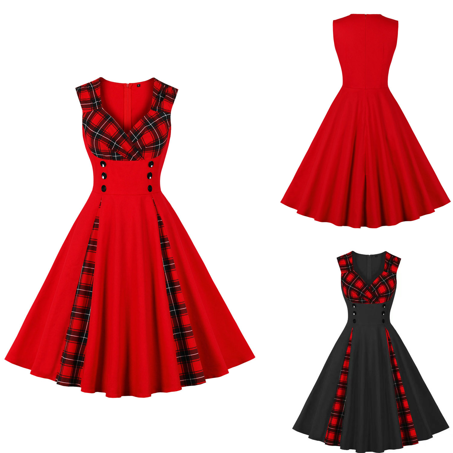 V-Shaped Neck Sleeve-Free Checkered A-Line High-Waist Midi Dress