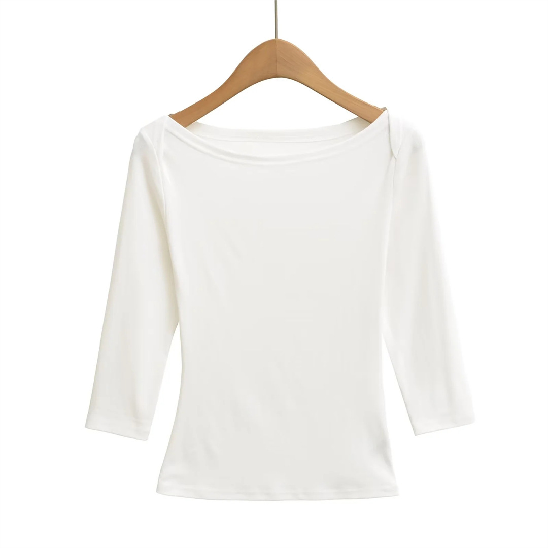 Slim Fit Plain Asymmetric Neck Elbow-Length Midriff Tee