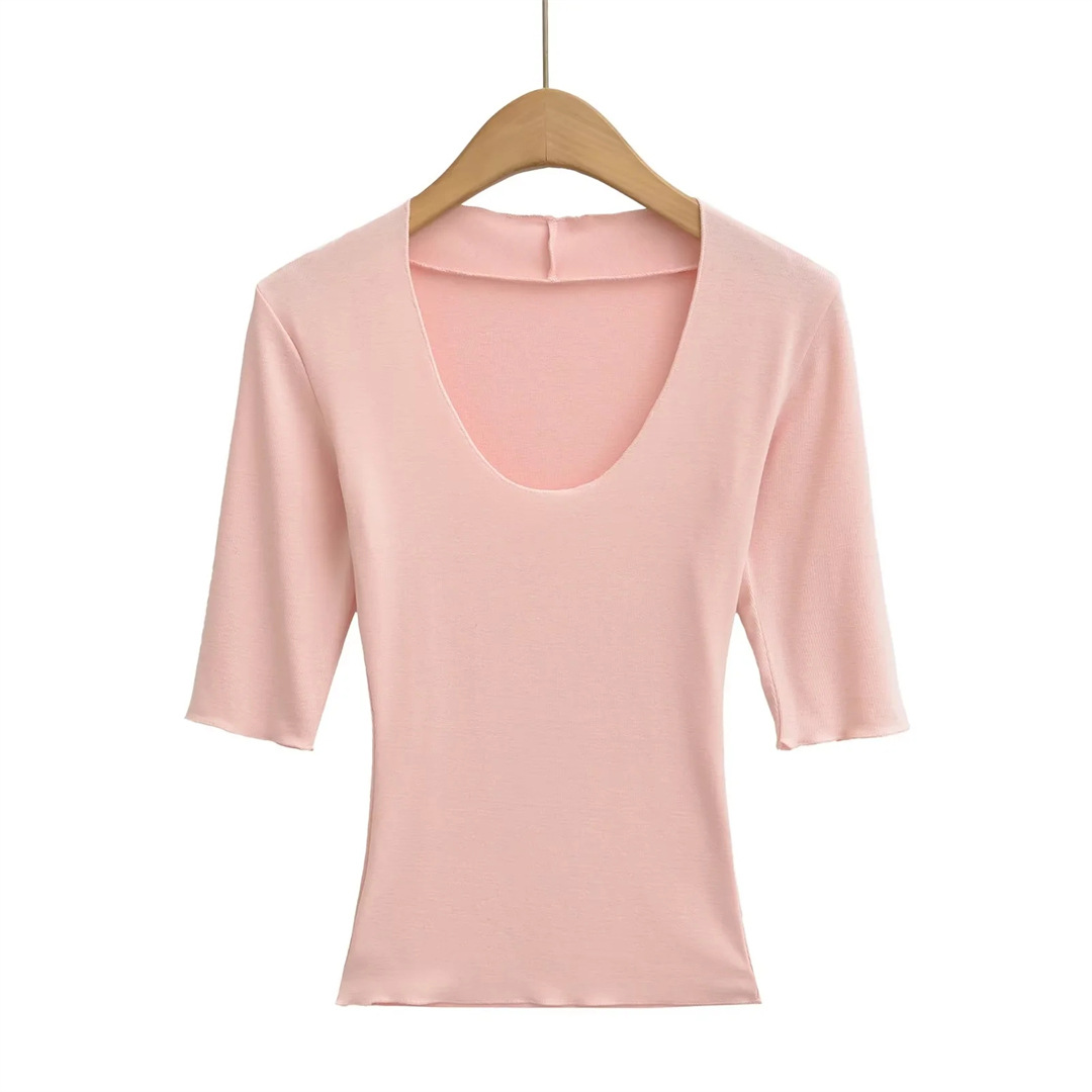 Elbow-Length Scoop Form-Fitting Spice Cropped Tee