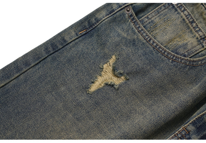 Washed Distressed Yellow Mud Dye Ripped Loose Jeans