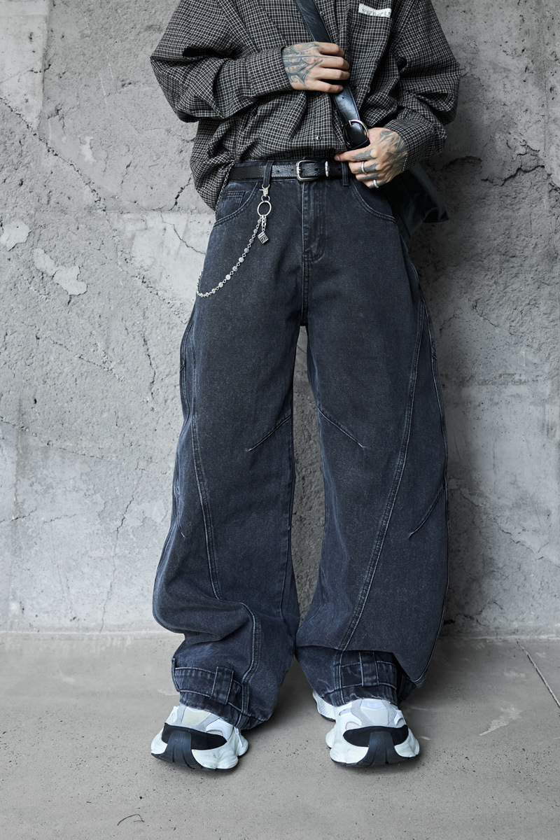 Retro Washed Deconstructed Knife-Edge Denim Pants Unisex Trendy Loose Hip-Hop Wide Leg Pants Black Scythe Style Pants
