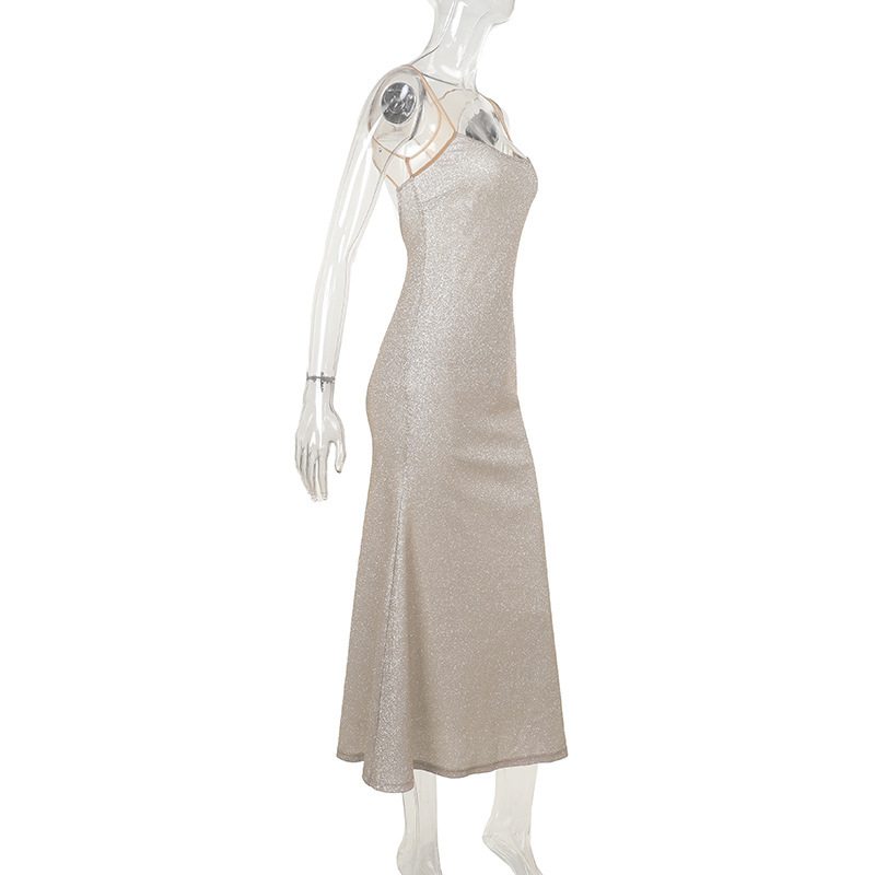 Shimmery Spaghetti Strap U-Neck Bodycon Maxi Skirt