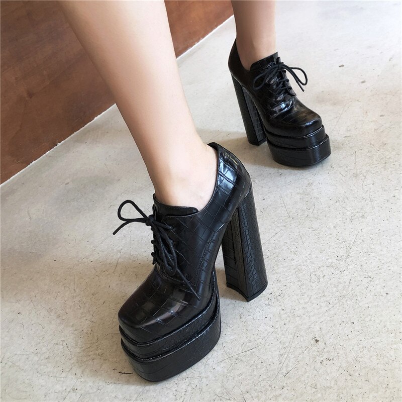 Women Pumps Brand Fashion New Square Toe Platform Thick High Heels Lace-Up Shoes Party Office Ladies