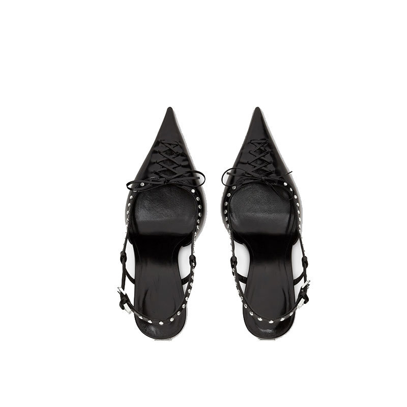 High Heel Pointed Hollow Lacquer Leather Rivet Shallow Cut Baotou Sandals Large Womens Singles