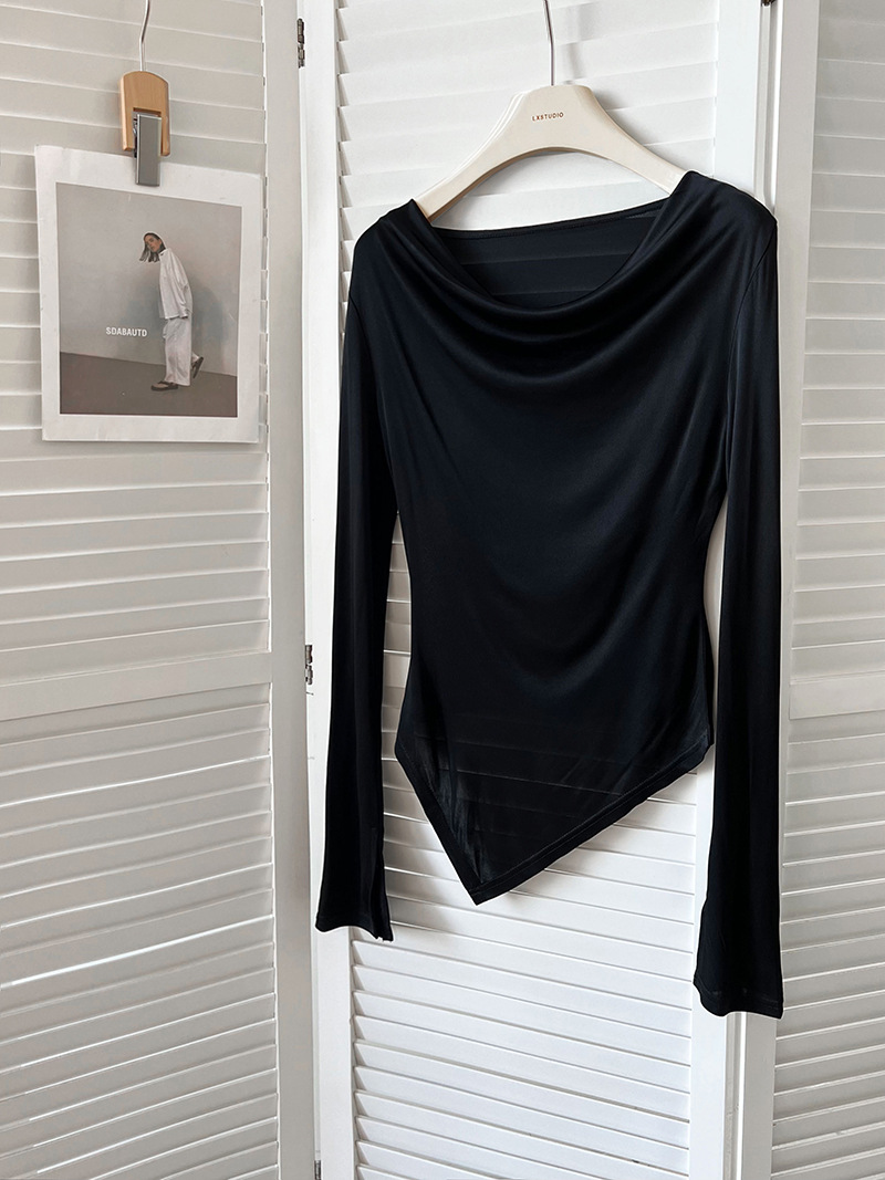 Women Slim Solid Cowl Neck Elongated Sleeve Tee