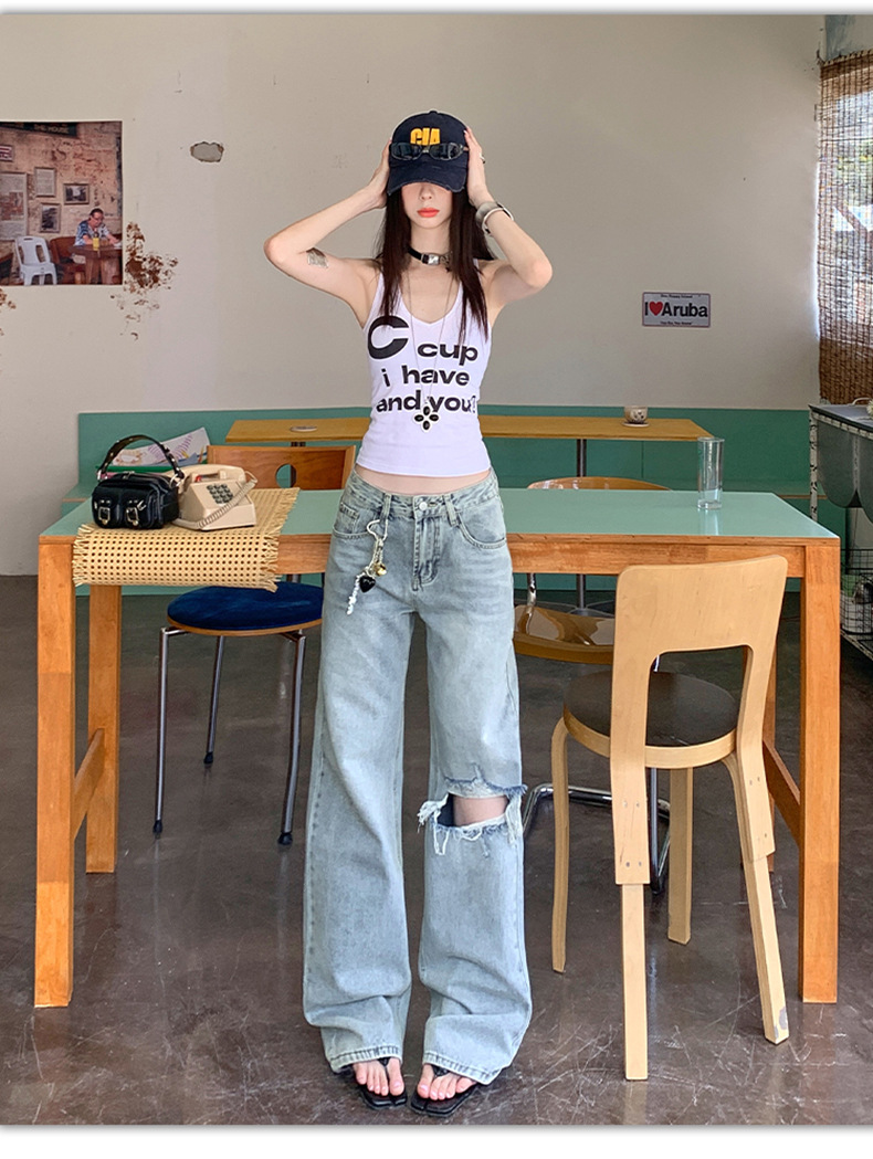 Light Blue Distressed Wide-Leg Jeans Women Retro Design Loose Straight Pants High Street