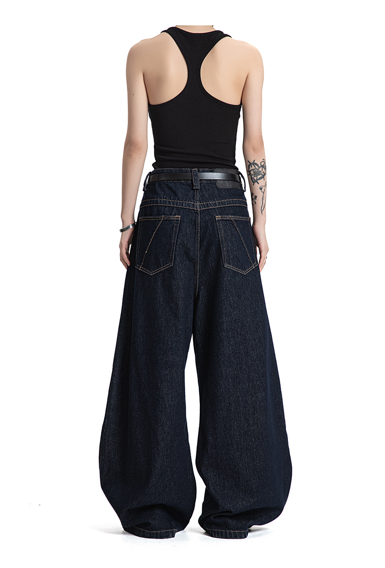 Jeans with Double Knee Tucks Vintage Baggy Deep Blue Denim Pants for Men and Women