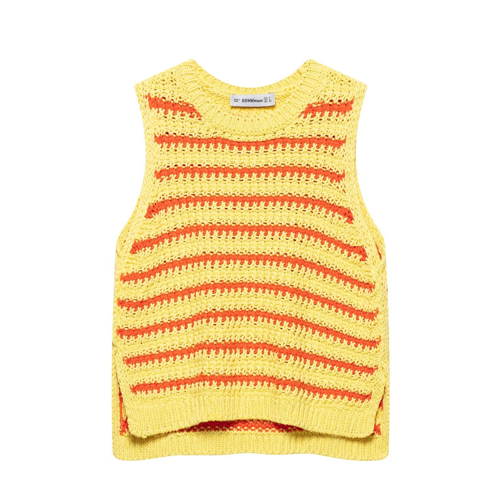 Round neck sleeveless striped slit vest knitted sweater for women