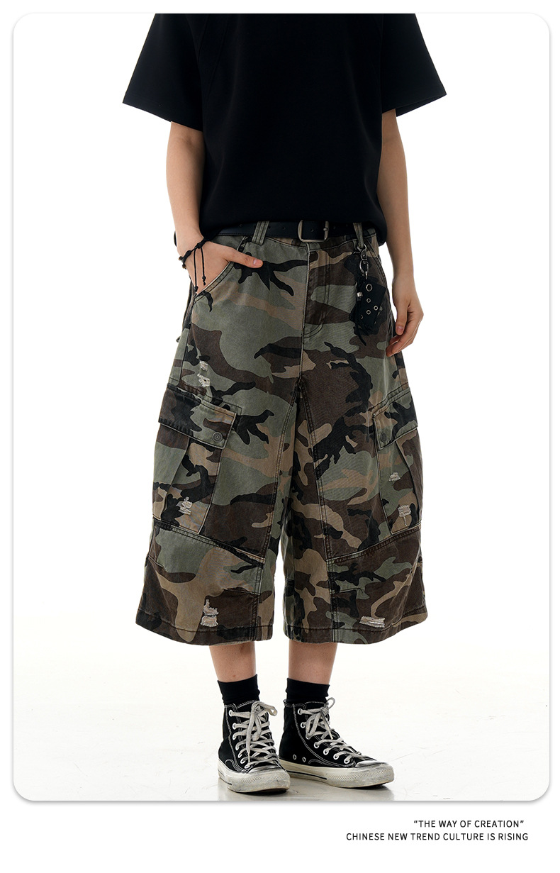 Loose Fit Casual Multi-Pocket Retro Straight Leg Slim Wide Leg Three-Quarter Pants