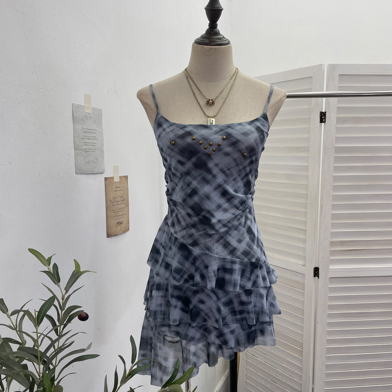 Irregular Rivet Mesh Camisole Dress with Ruffle Strap Sleeveless Top