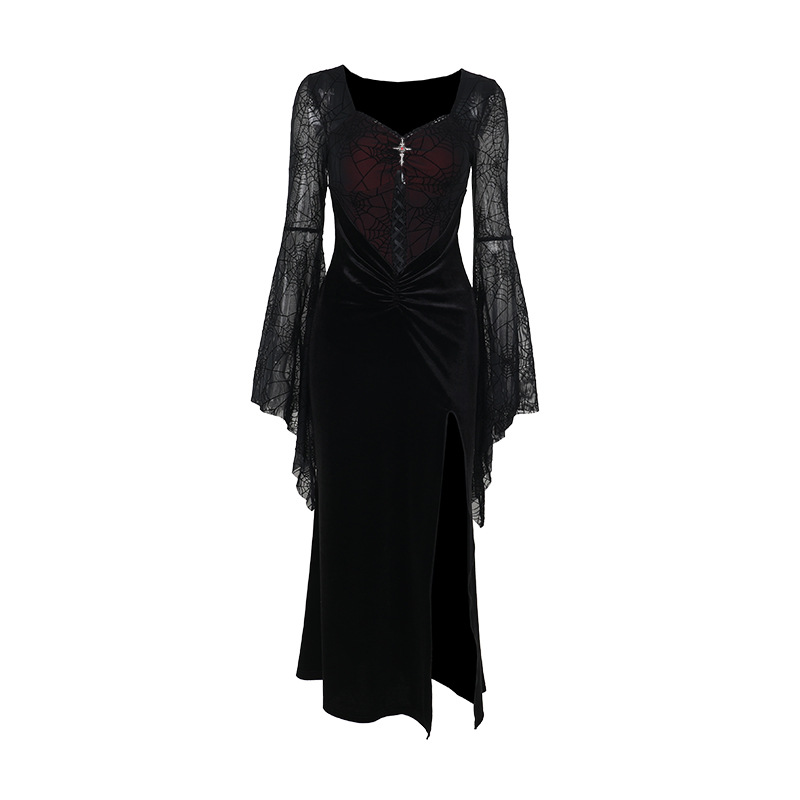 V-Neck High-Waist Spider Web Print Long Pencil Dress