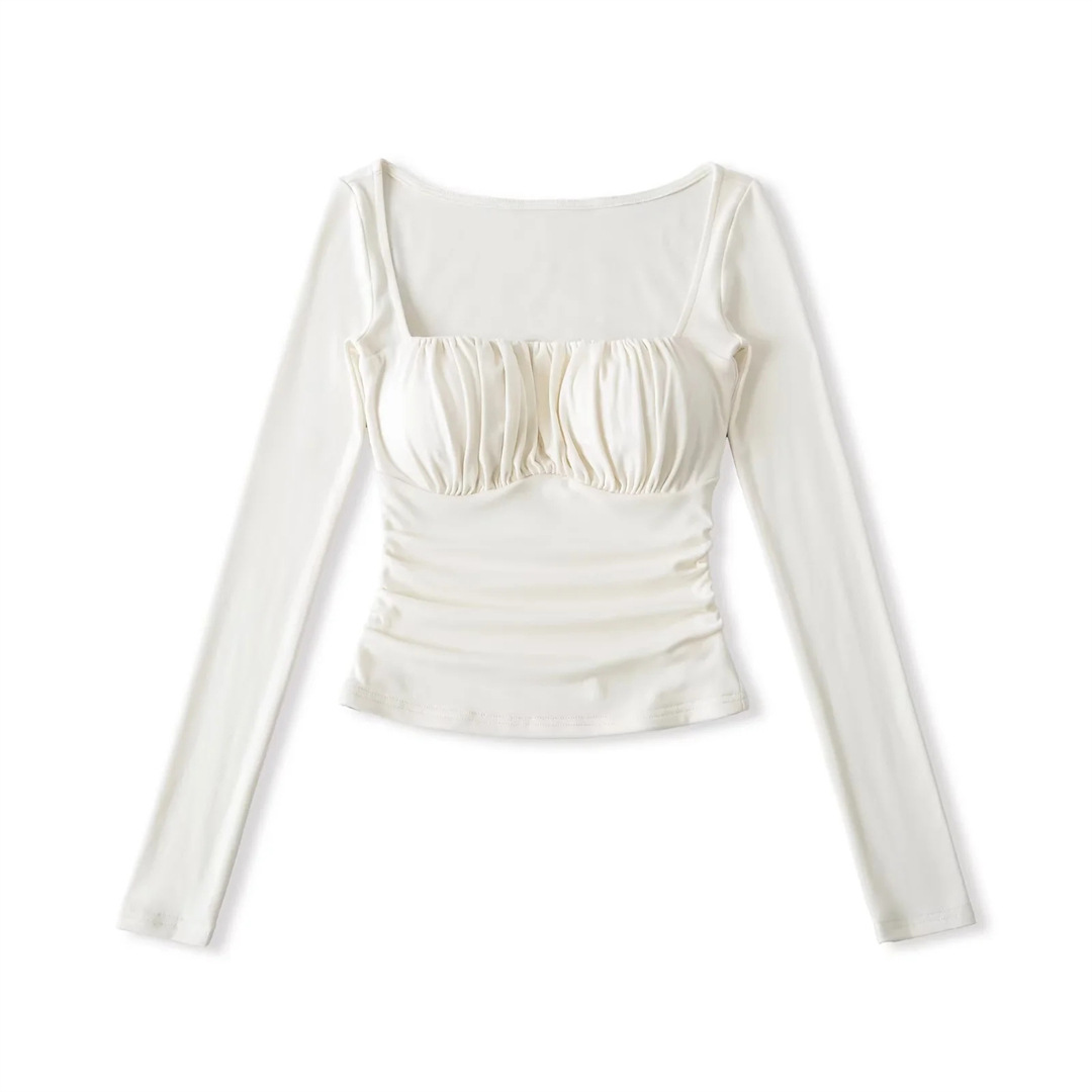 Spicy Wrist-Length Collarbone Cutout Structured Frill Fitted Tee