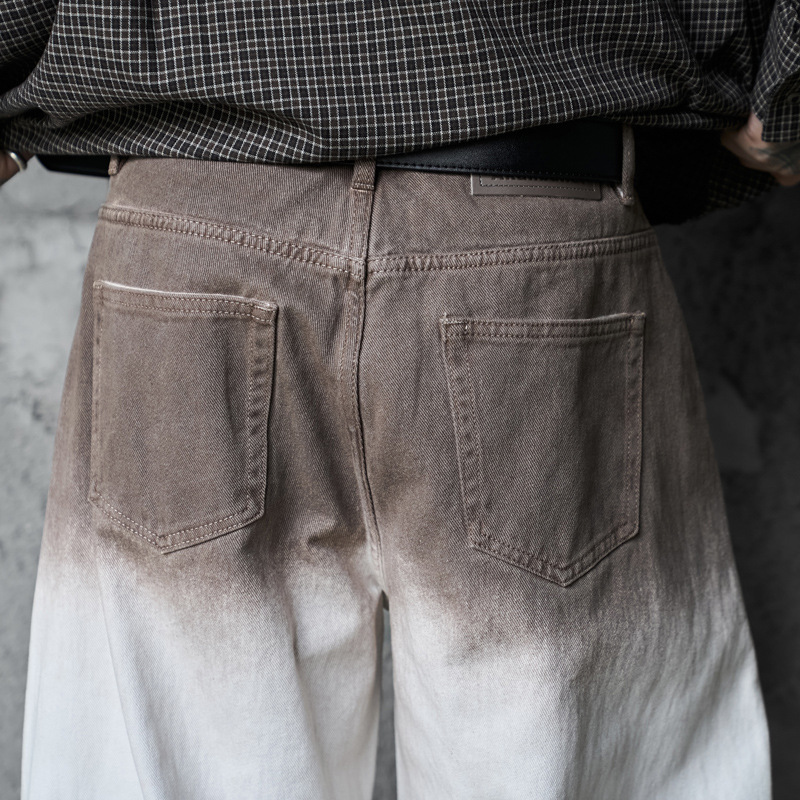 Retro Style Washed Ombre Color Knife-Edge Jeans for Men and Women, Loose Floor-Length Wide Leg Pants