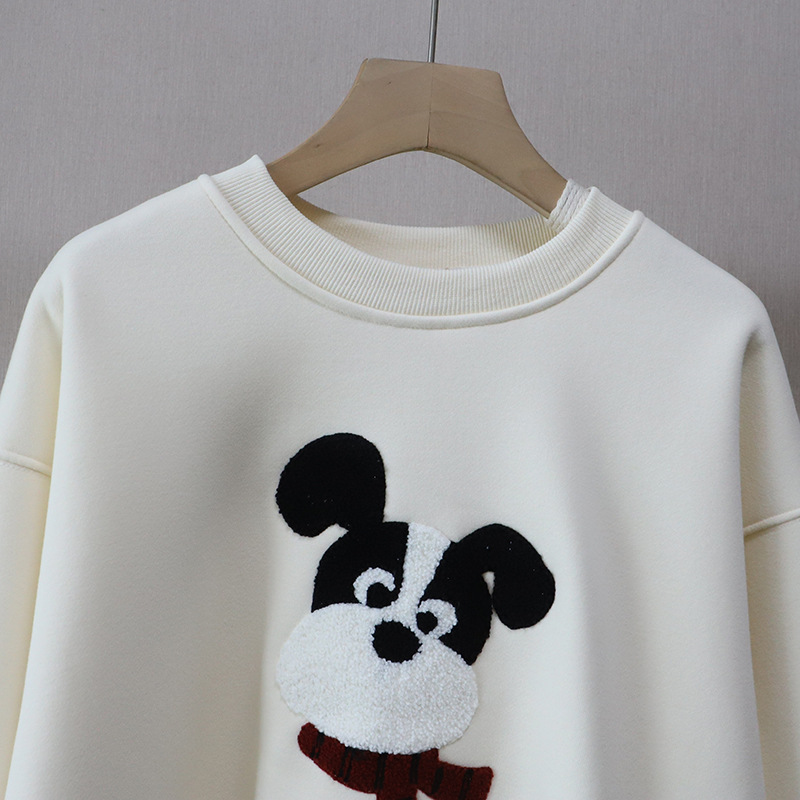 Casual Cartoon Embroidered Fleece Lined Thick Hoodie for Women Round Neck