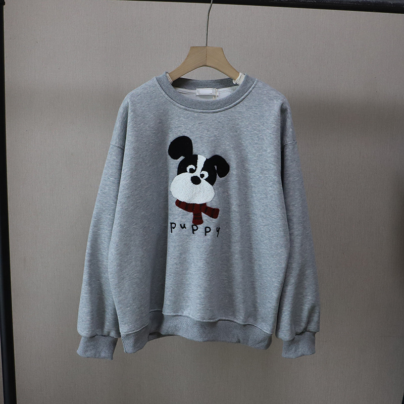Casual Cartoon Embroidered Fleece Lined Thick Hoodie for Women Round Neck