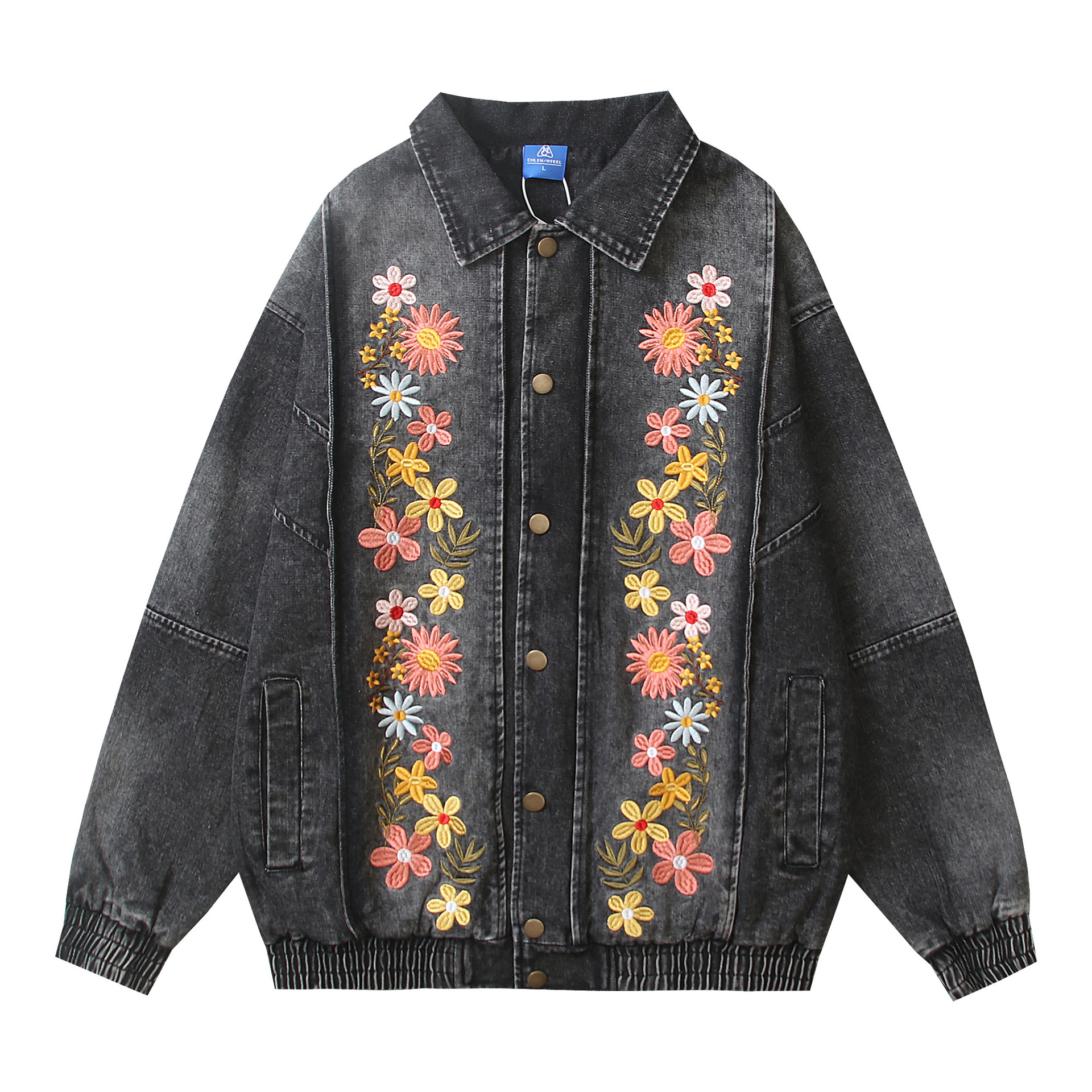 Embroidered Floral Washed Turn-Down Collar