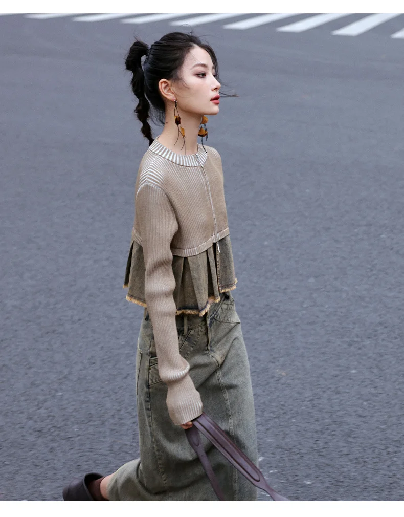 Textured Front Closure Cardigan With Gathered Bottom