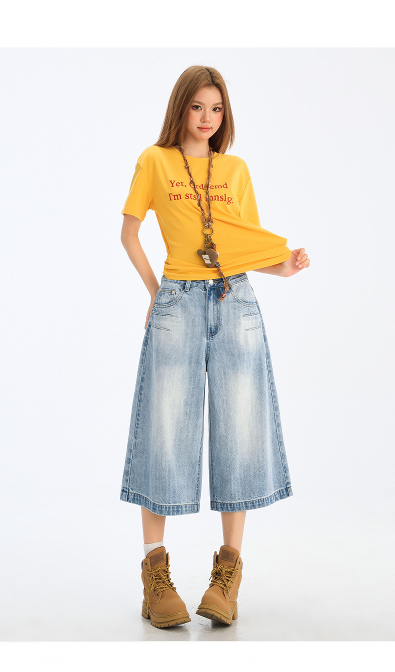 Wide-Leg Seven-Point Denim Pants for Women High-Waist Loose Fit Lazy Style Straight Leg Versatile Mid-Length Trousers